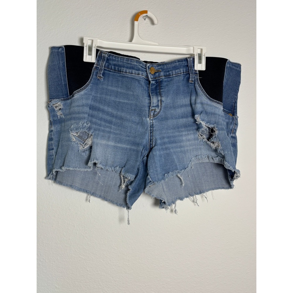 Isabel Maternity Blue‎ Distressed Denim Midi Shorts Side Panel Size 16/33
